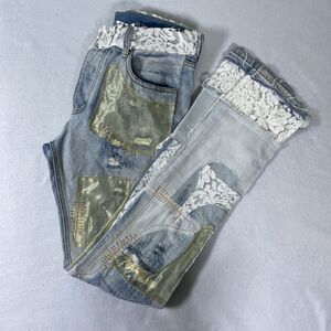 MNML D101 Straight Denim  Men’s 31 Light Blue White Lace Patchwork Slit Hem